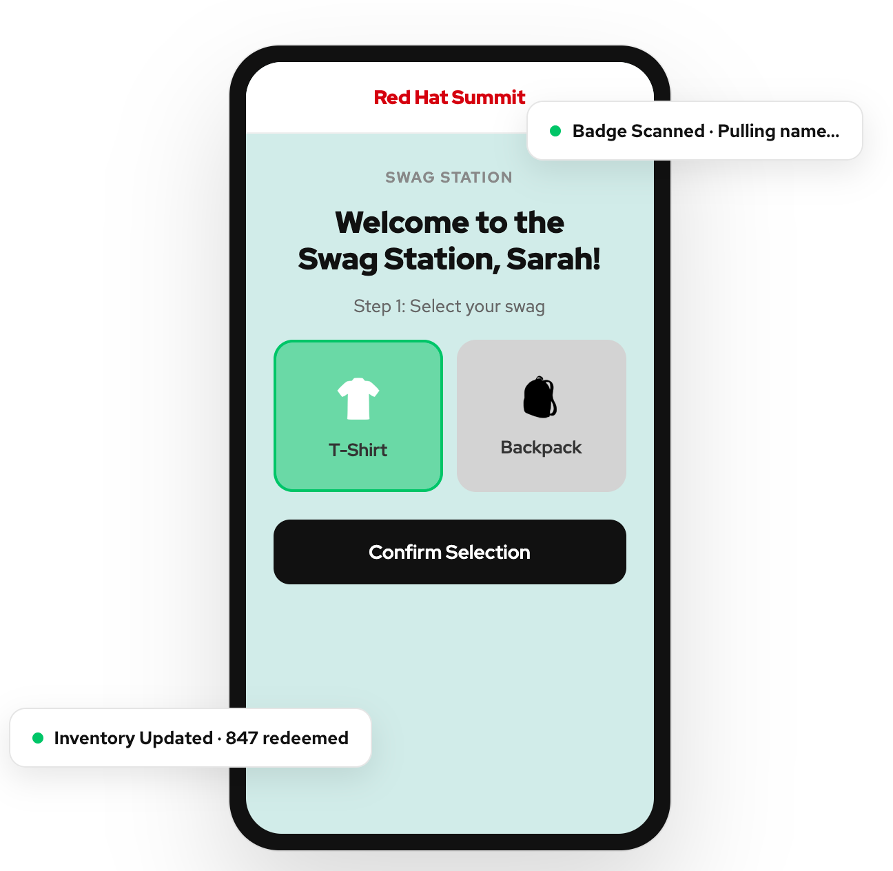 Scan2Print swag selection screen — T-Shirt and Backpack options
